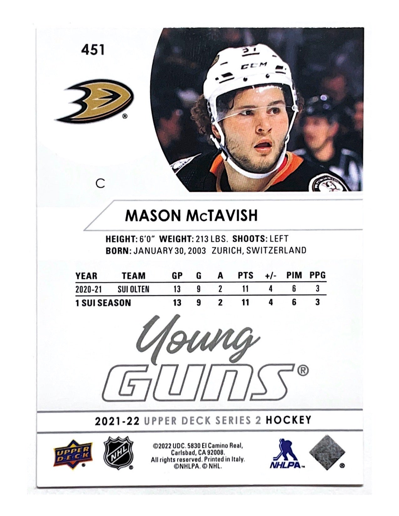Mason McTavish 2021-22 Upper Deck Series 2 Young Guns #451