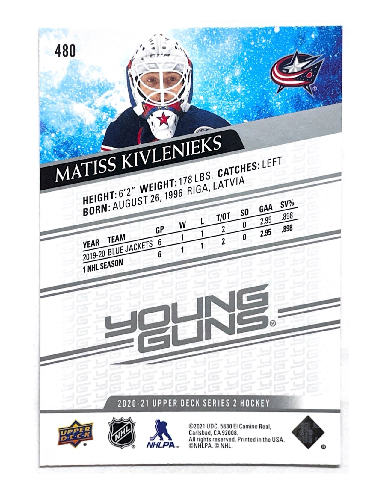 Matiss Kivlenieks 2020-21 Upper Deck Series 2 Young Guns #480