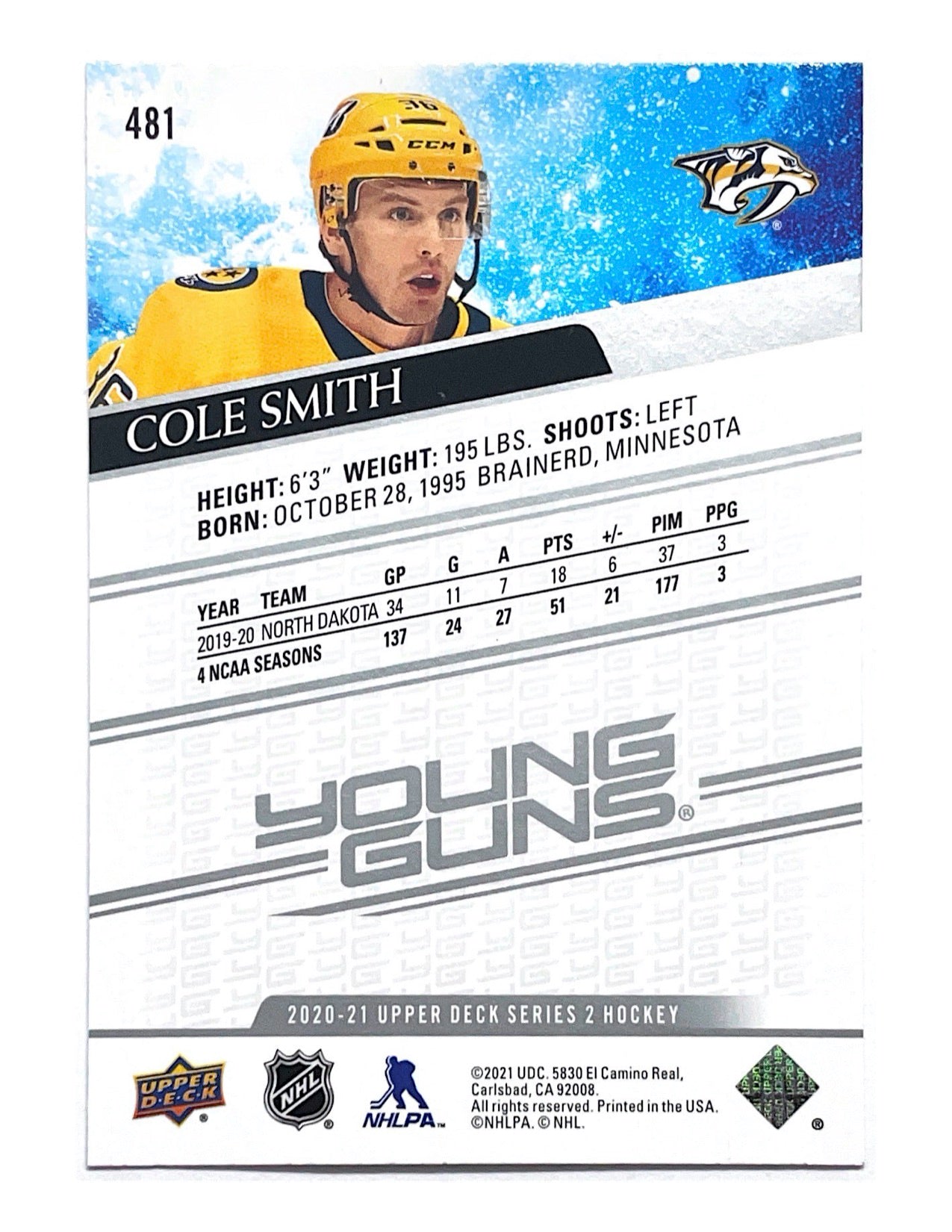 Cole Smith 2020-21 Upper Deck Series 2 Young Guns #481