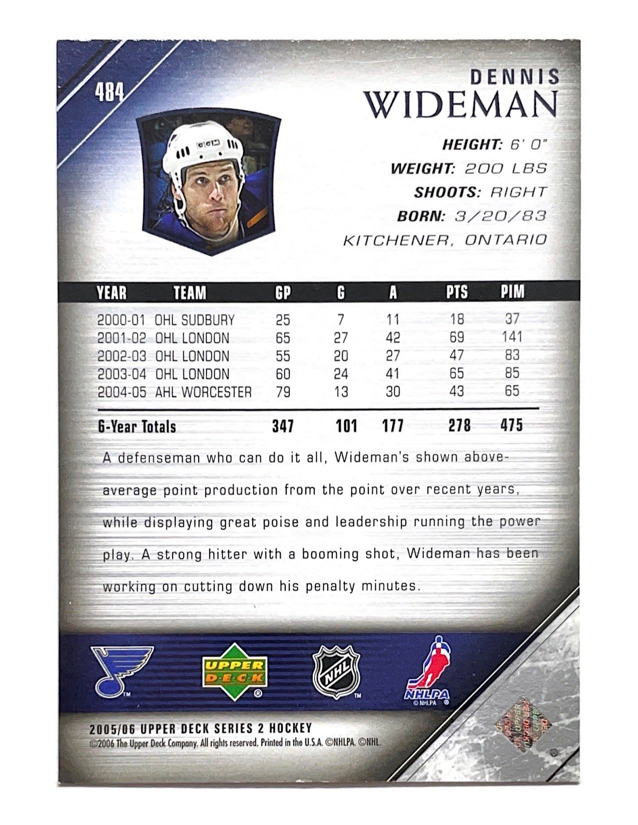 Dennis Wideman 2005-06 Upper Deck Series 2 Young Guns #484