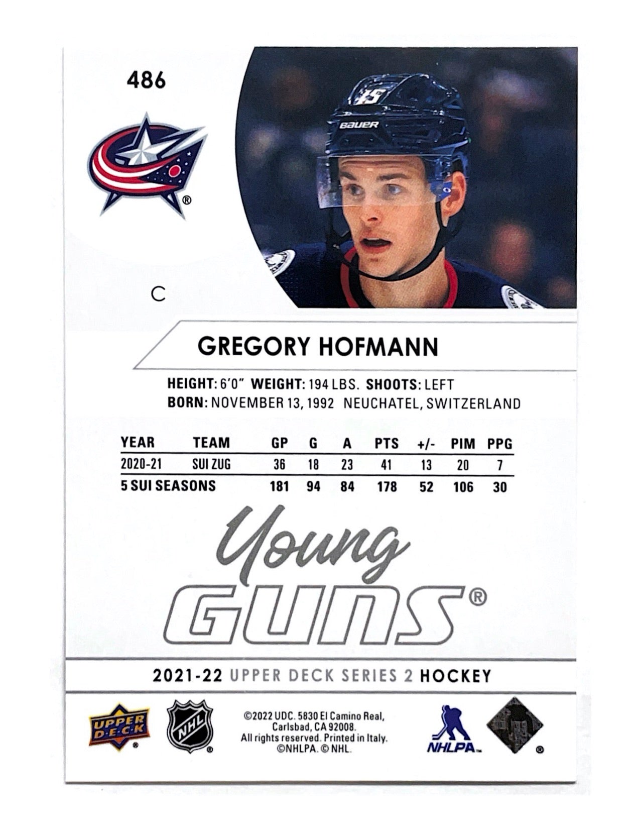 Gregory Hofmann 2021-22 Upper Deck Series 2 Young Guns #486