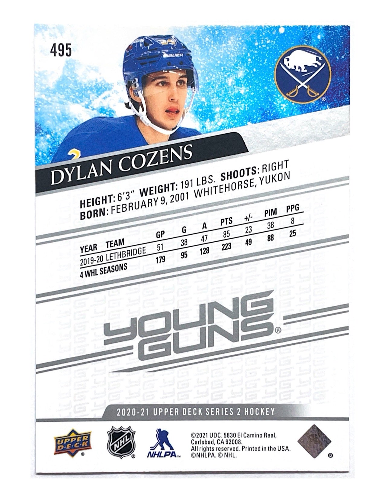 Dylan Cozens 2020-21 Upper Deck Series 2 Young Guns #495