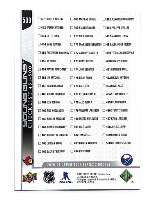 Tim Stutzle/Dylan Cozens 2020-21 Upper Deck Series 2 Young Guns Checklist #500