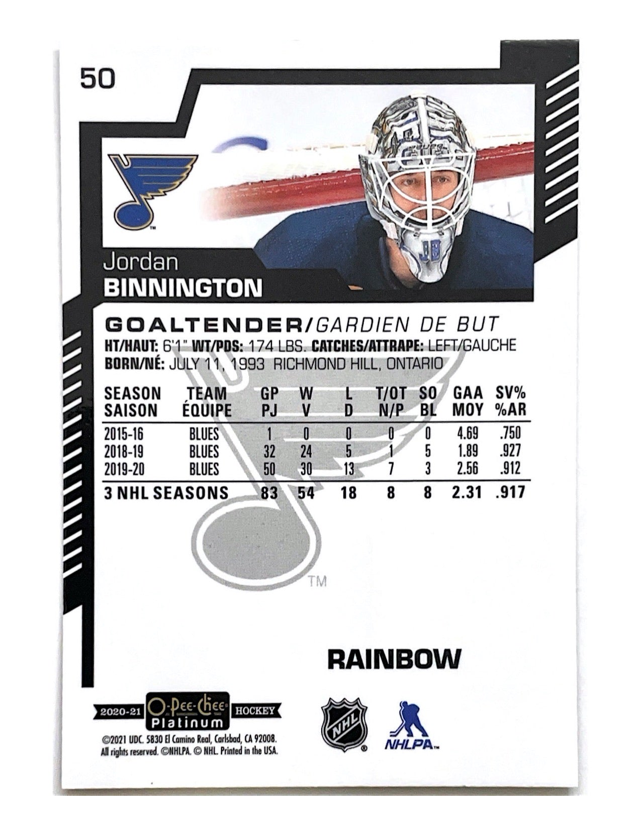 Jordan Binnington 2020-21 O-Pee-Chee Platinum Rainbow #50