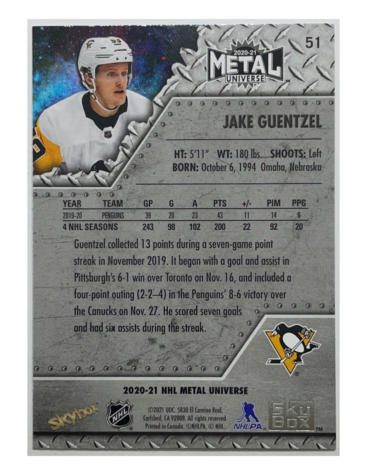 Jake Guentzel 2020-21 Upper Deck Skybox Metal Universe Blue #51