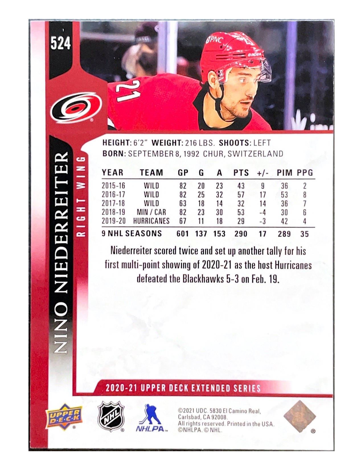 Nino Niederreiter 2020-21 Upper Deck Extended Series UD Exclusives #524 - 003/100