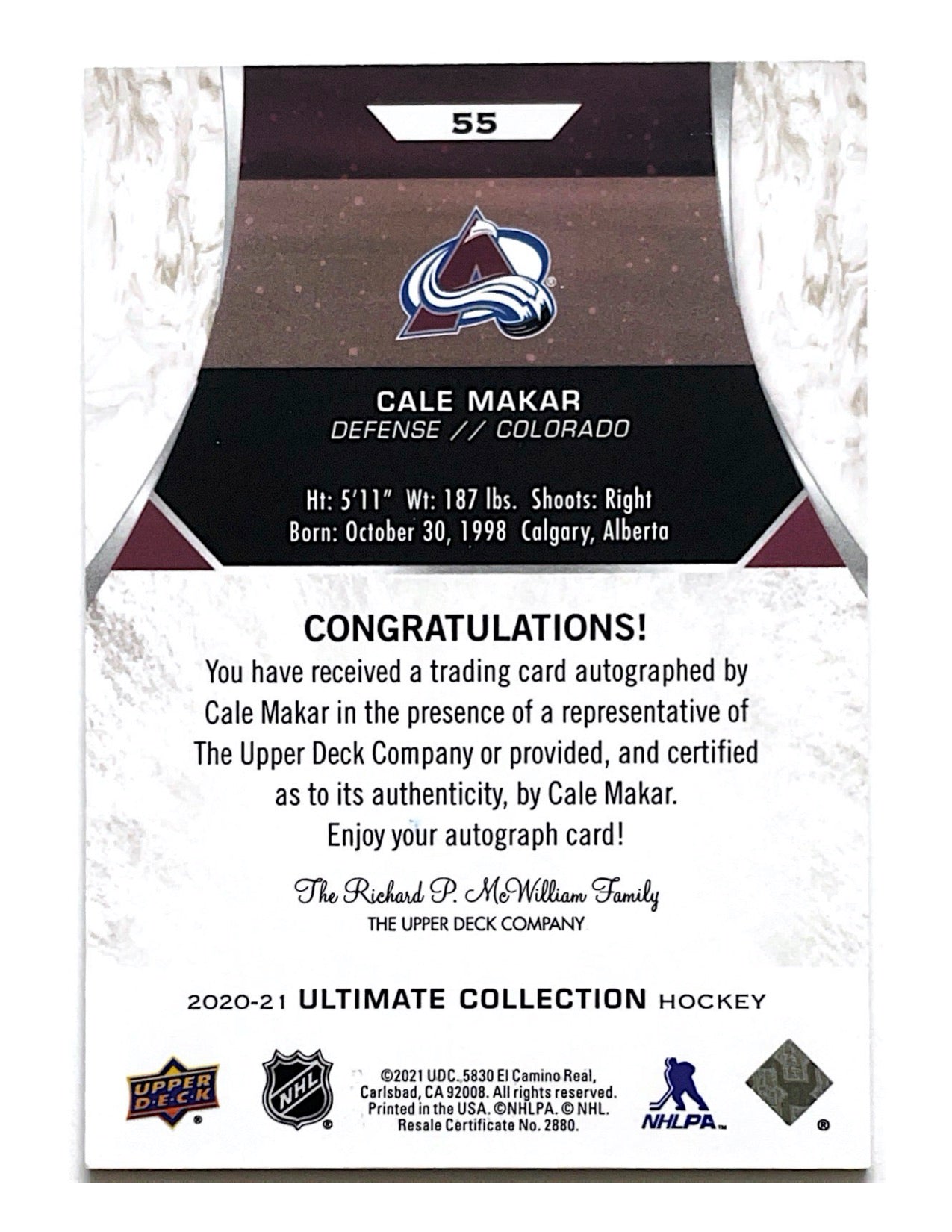 Cale Makar 2020-21 Upper Deck Ultimate Collection Autograph #55