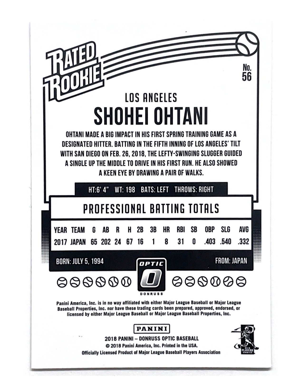 Shohei Ohtani 2018 Panini Donruss Optic Rated Rookie #56