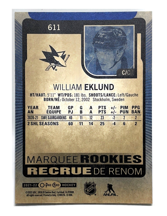 William Eklund 2021-22 Upper Deck Series 2 Marquee Rookies Blue Border #611