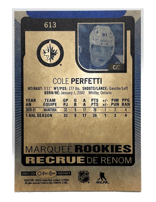 Cole Perfetti 2021-22 Upper Deck Series 2 Marquee Rookies Blue Border #613