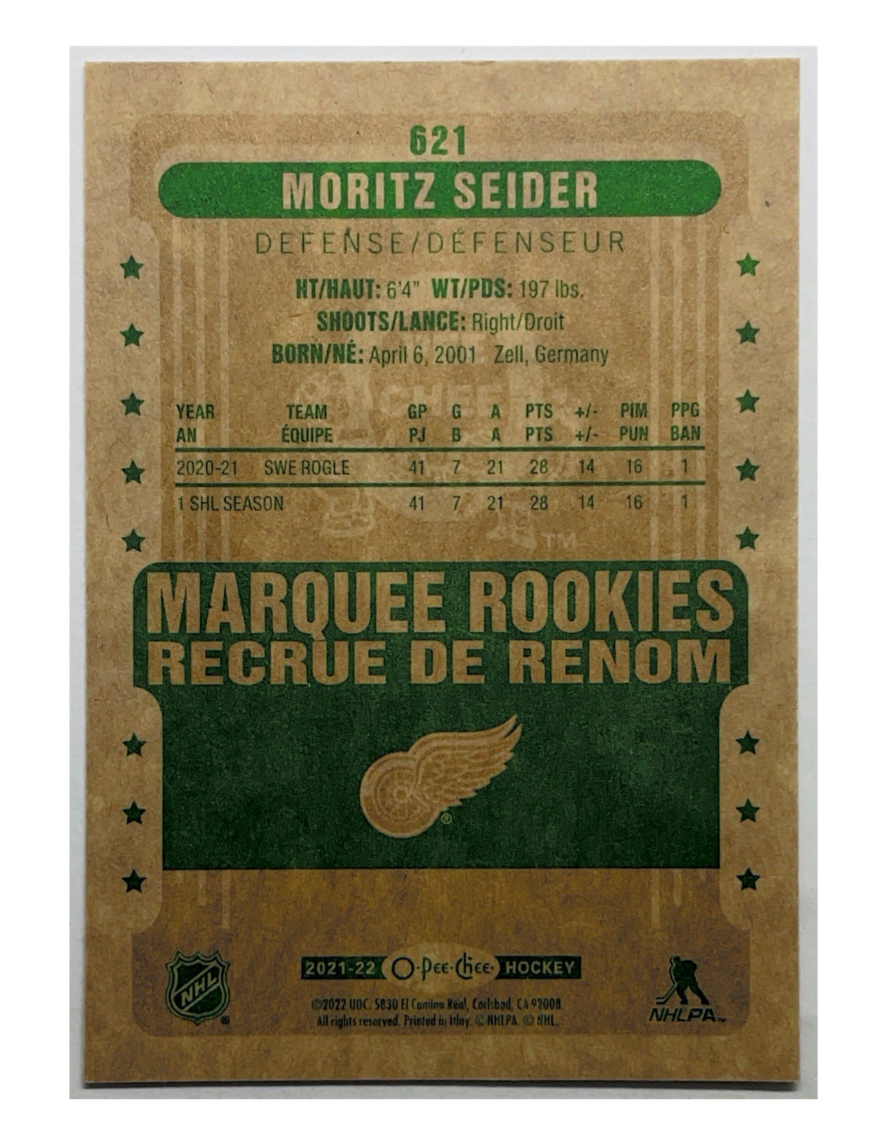 Moritz Seider 2021-22 Upper Deck Series 2 Marquee Rookies #621