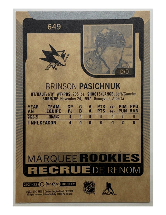 Brinson Pasichnuk 2021-22 Upper Deck Series 2 Marquee Rookies #649