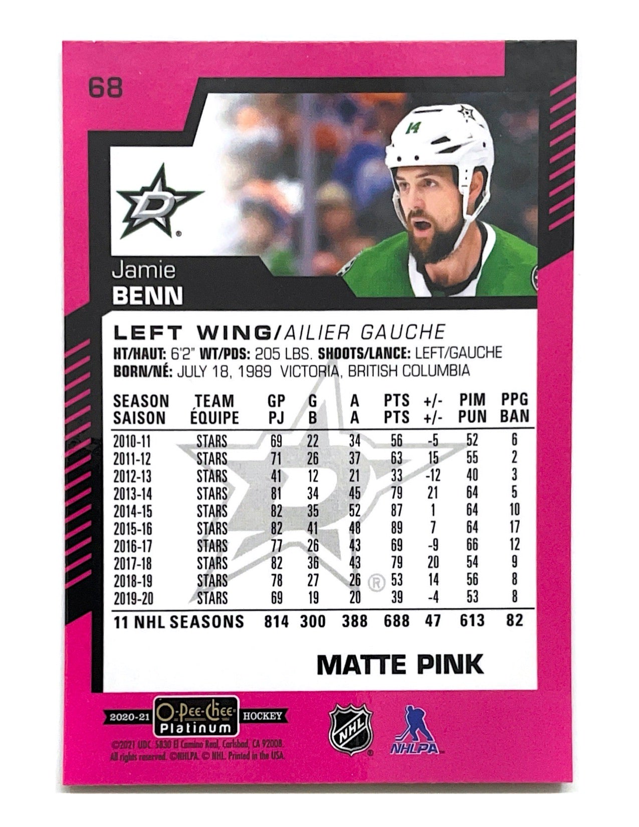 Jamie Benn 2020-21 O-Pee-Chee Platinum Matte Pink #68