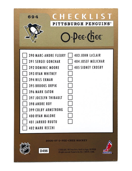 Sidney Crosby 2006-07 O-Pee-Chee Team Checklist #694