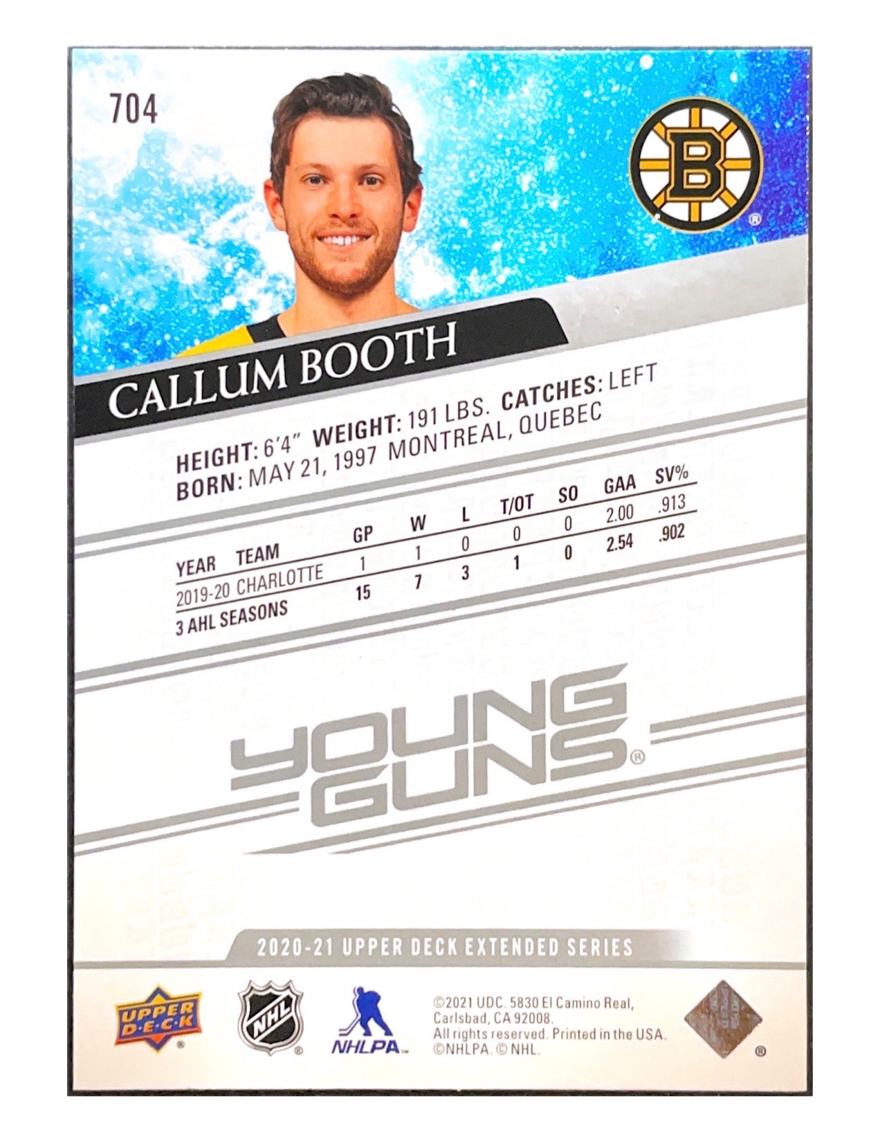 Callum Booth 2020-21 Upper Deck Extended Series Young Guns #704