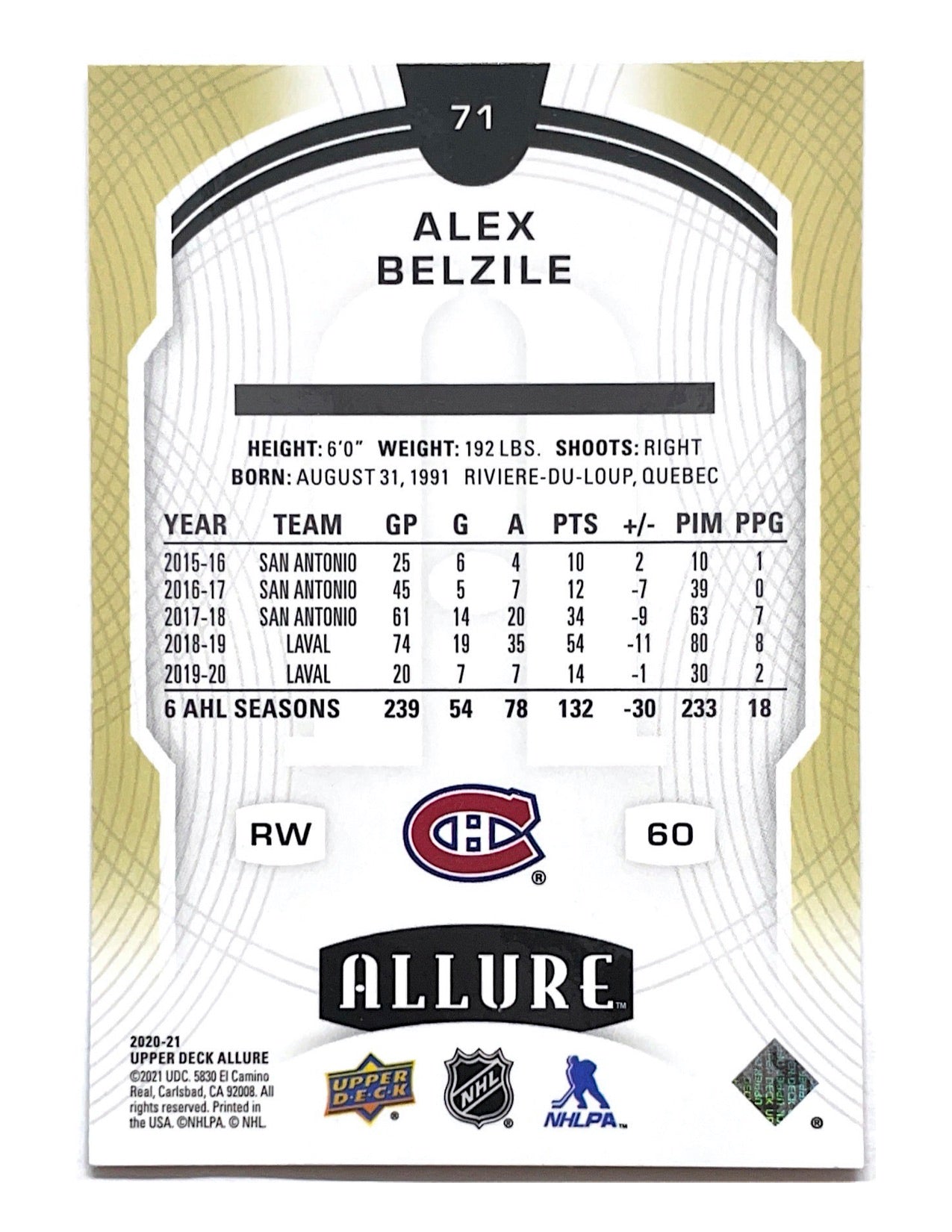 Alex Belzile 2020-21 Upper Deck Allure Rookie #71