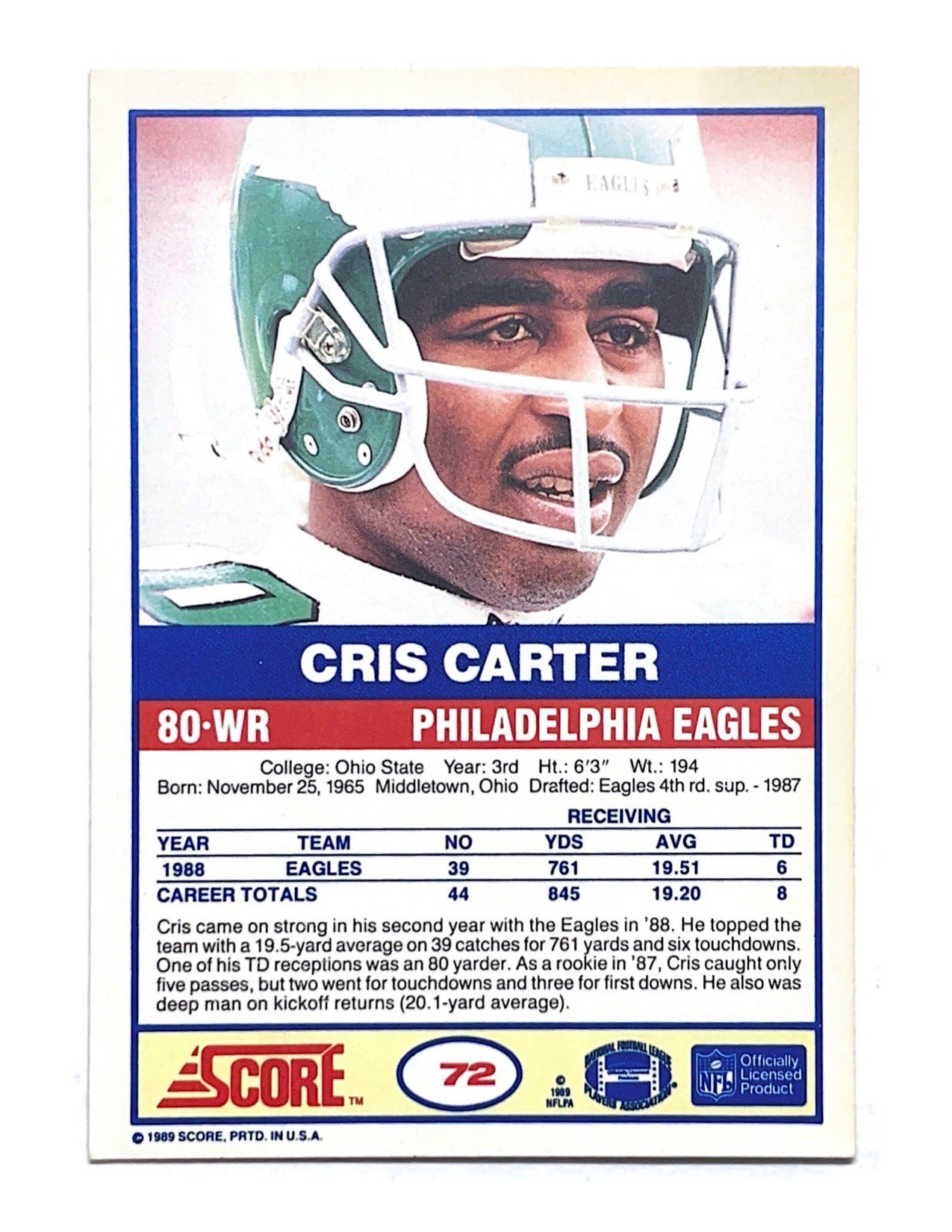 Cris Carter 1989 Score #72