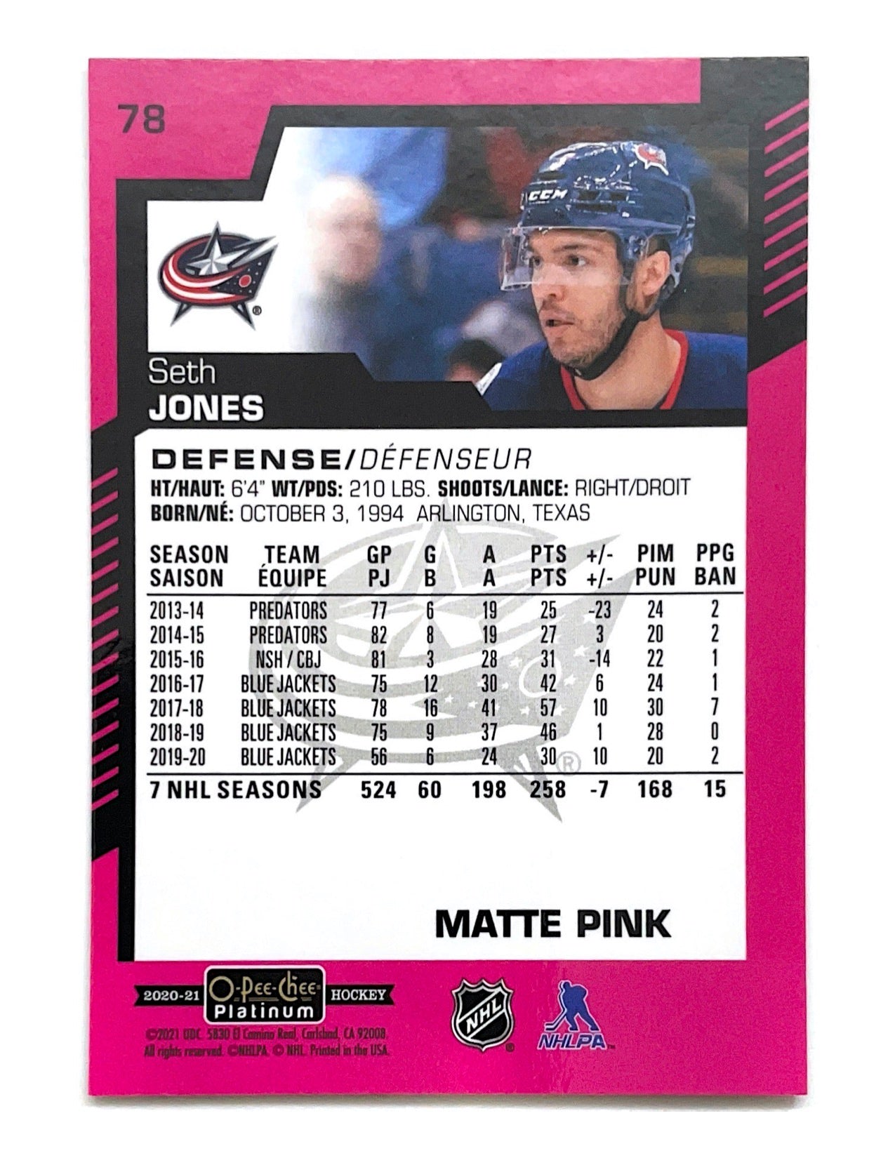 Seth Jones 2020-21 O-Pee-Chee Platinum Matte Pink #78