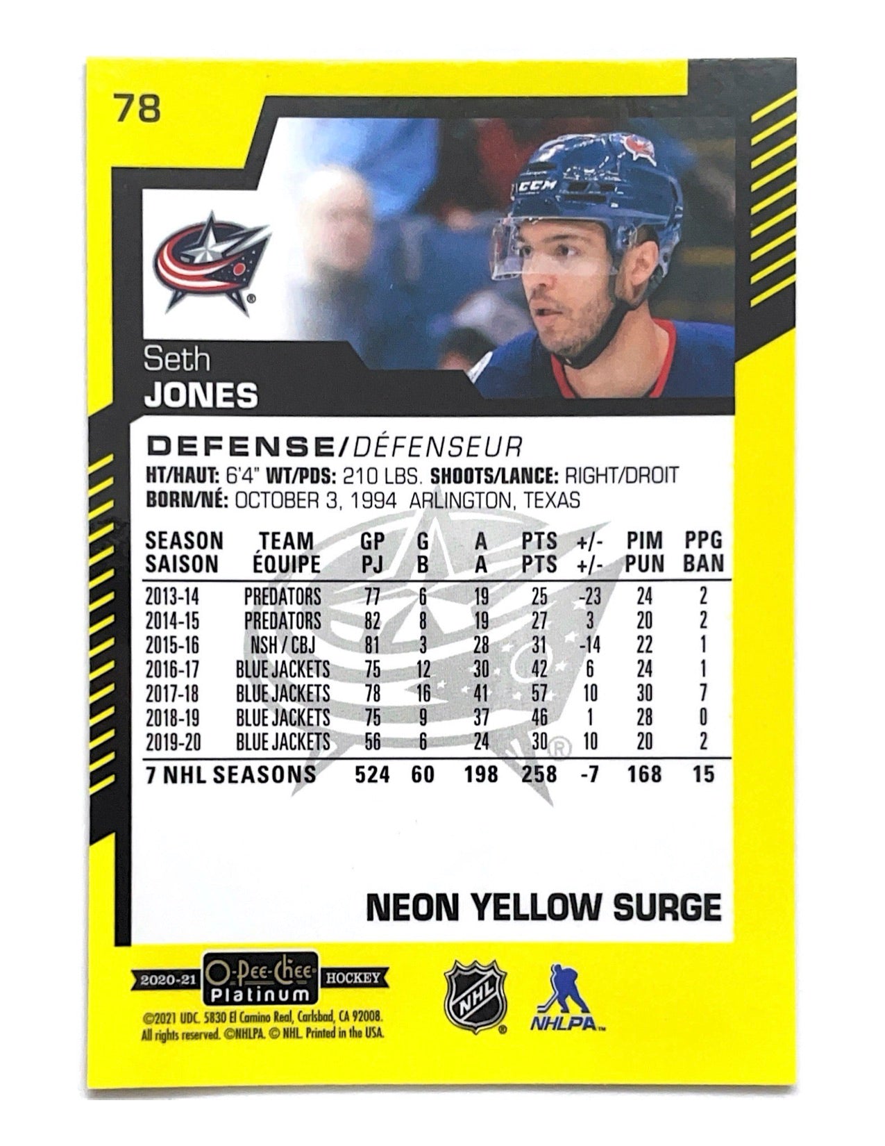 Seth Jones 2020-21 O-Pee- Chee Platinum Neon Yellow Surge #78