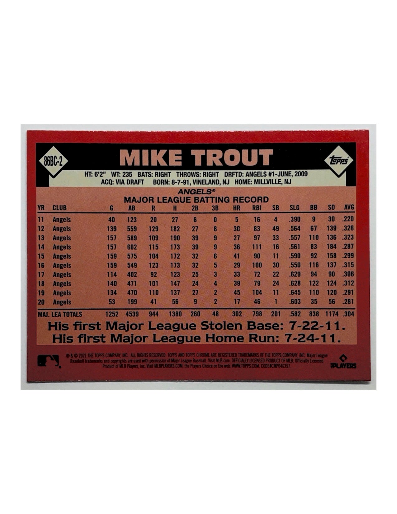 Mike Trout 2021 Topps Chrome 35th Anniversary Refractor #86BC-2