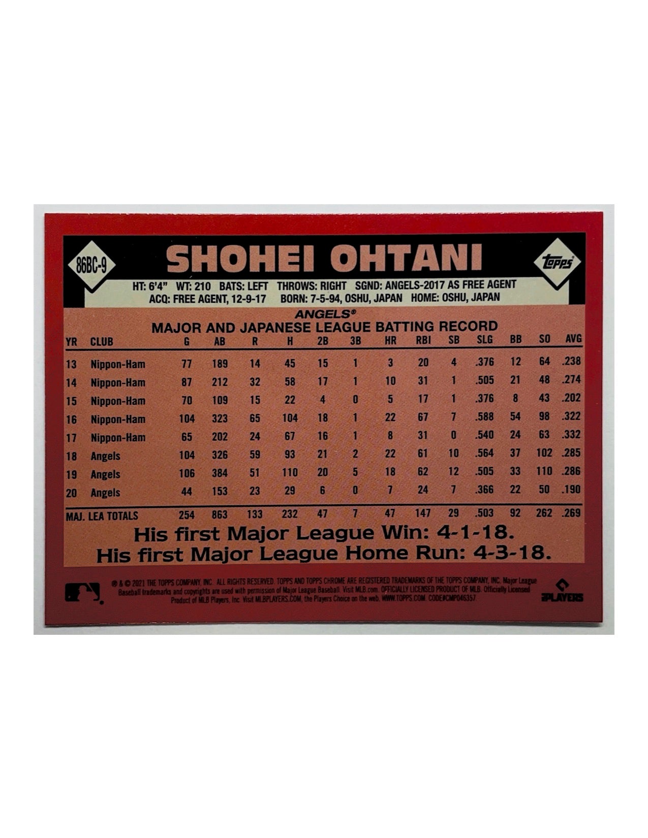 Shohei Ohtani 2021 Topps Chrome 35th Anniversary Refractor #86BC-9