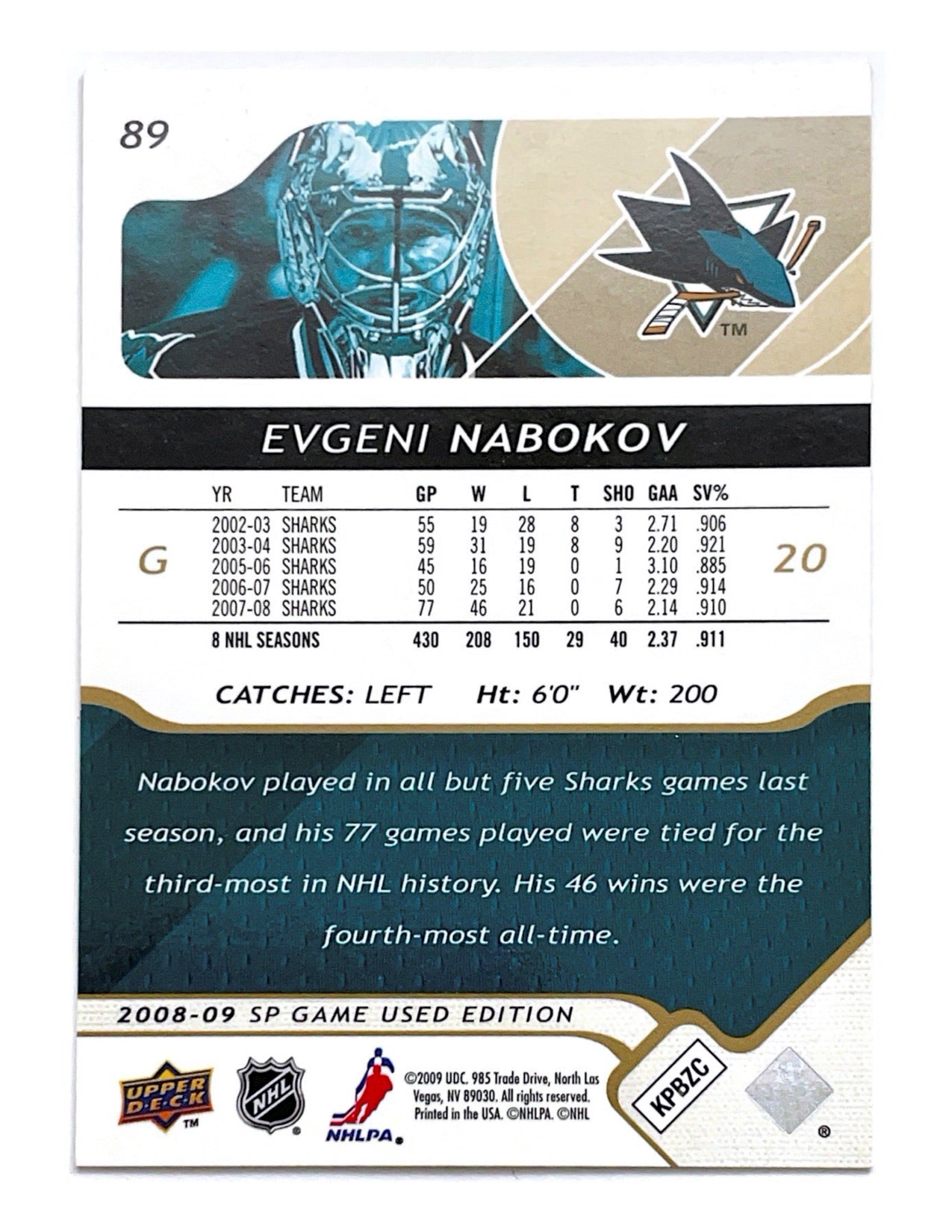 Evgeni Nabokov 2008-09 Upper Deck SP Game Used Gold #89 - 053/100