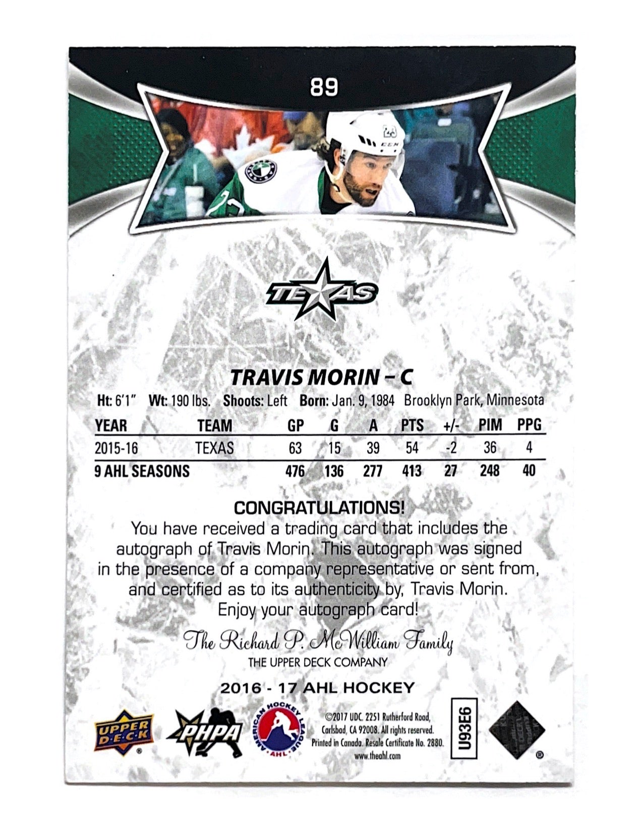 Travis Morin 2016-17 Upper Deck AHL Hockey Autograph #89