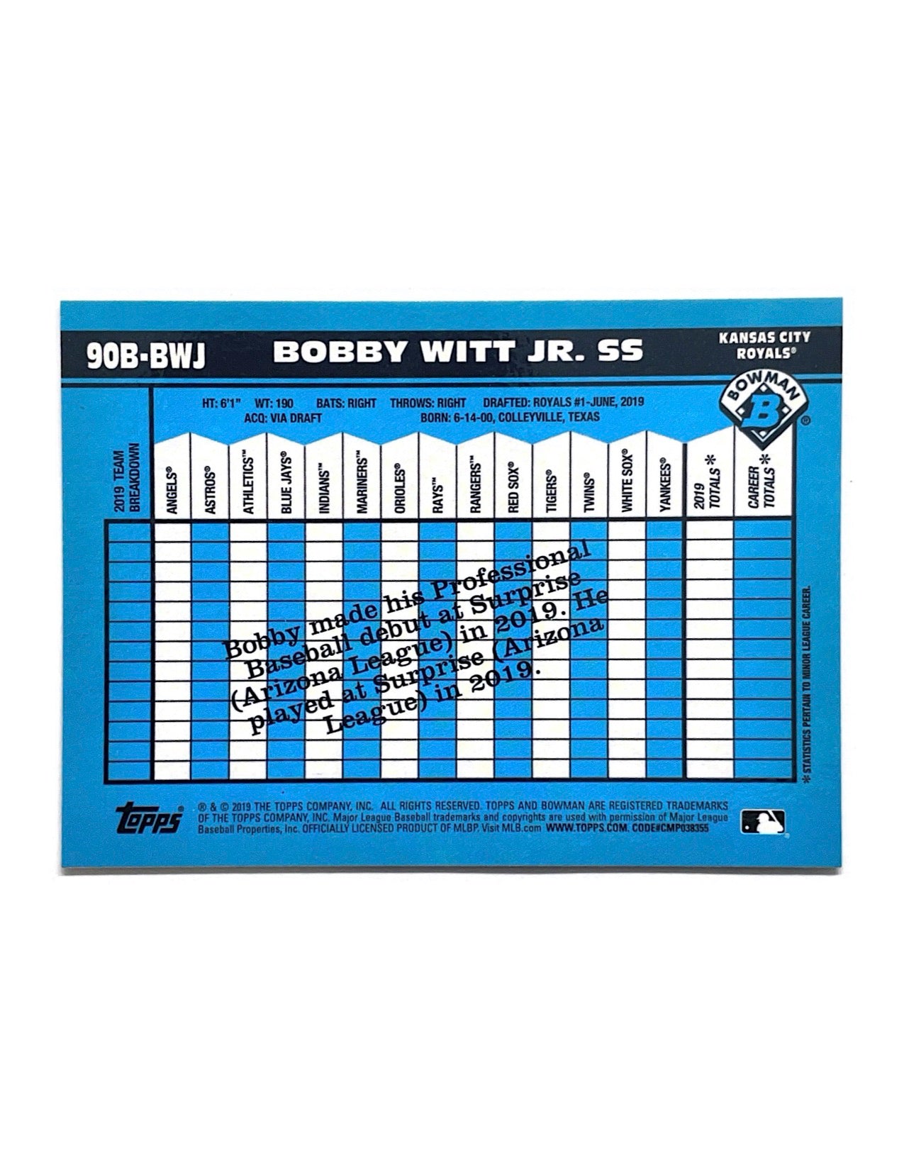 Bobby Witt Jr. 2019 Bowman Refractor #90B-BWJ