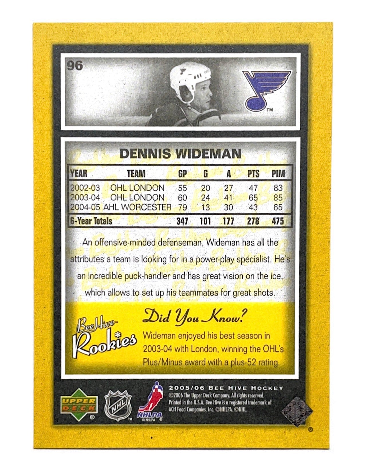 Dennis Wideman 2005-06 Upper Deck Bee Hive Rookies Yellow #96