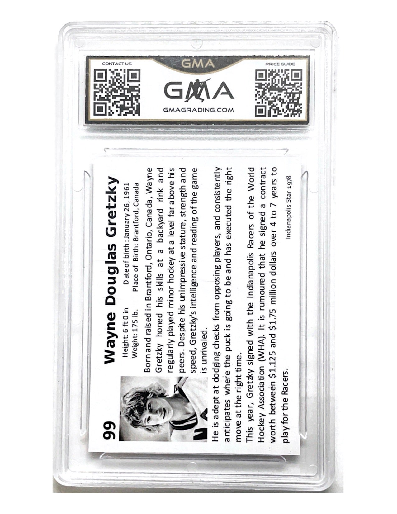 Wayne Gretzky 1978 Indianapolis Racers Rookie Card Reprint #99- GMA 10