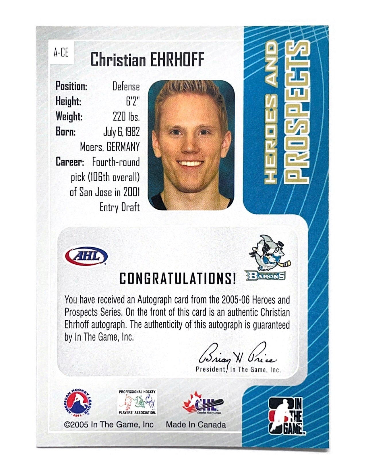 Christian Ehrhoff 2004-05 In The Game Autograph #A-CE