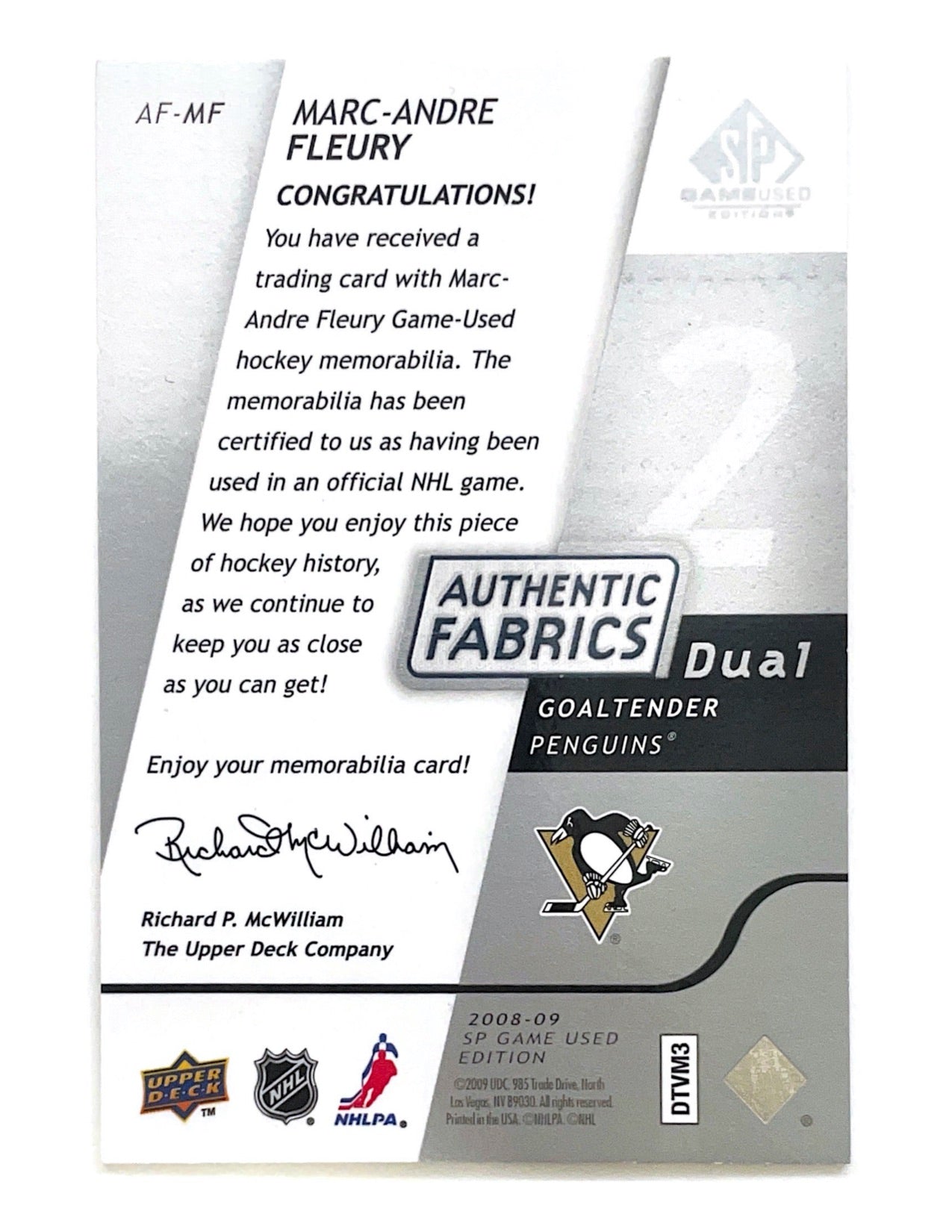 Marc-Andre Fleury 2008-09 Upper Deck SP Game Used Authentic Fabrics Dual Jersey #AF-MF