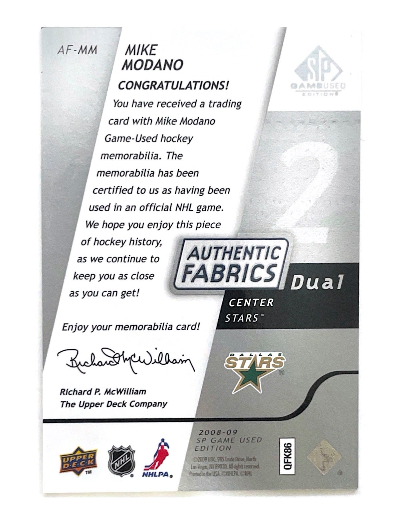 Mike Modano 2008-09 Upper Deck SP Game Used Authentic Fabrics Dual Jersey #AF-MM