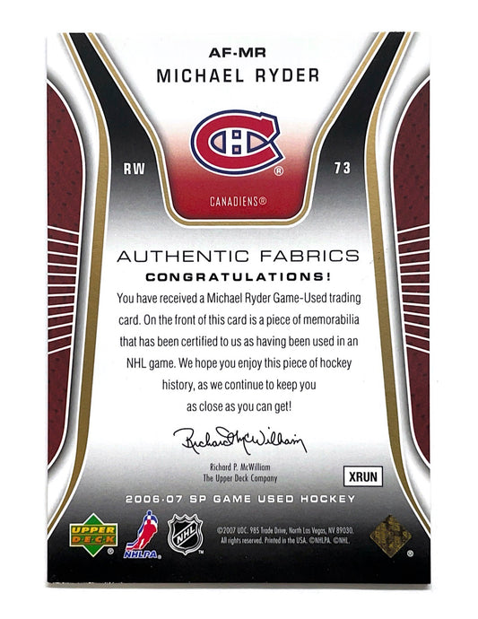 Michael Ryder 2006-07 Upper Deck SP Game Used Authentic Fabrics Jersey Gold #AF-MR - 027/100