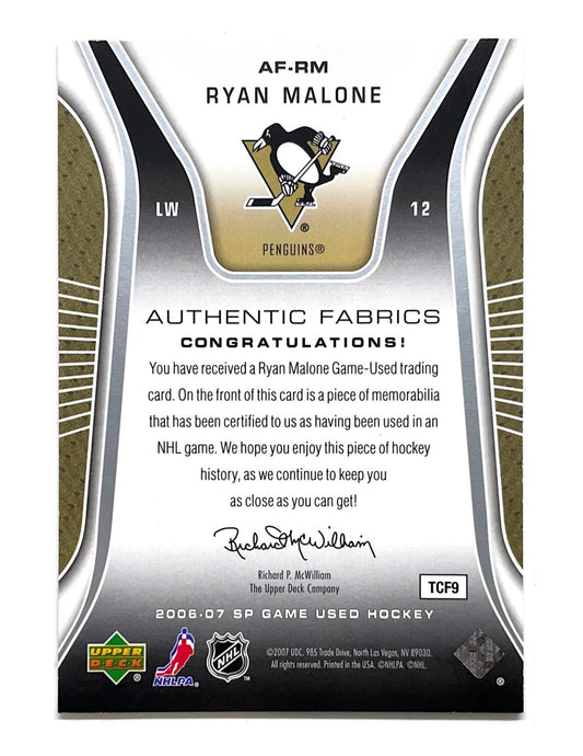 Ryan Malone 2006-07 Upper Deck SP Game Used Authentic Fabrics Jersey #AF-RM