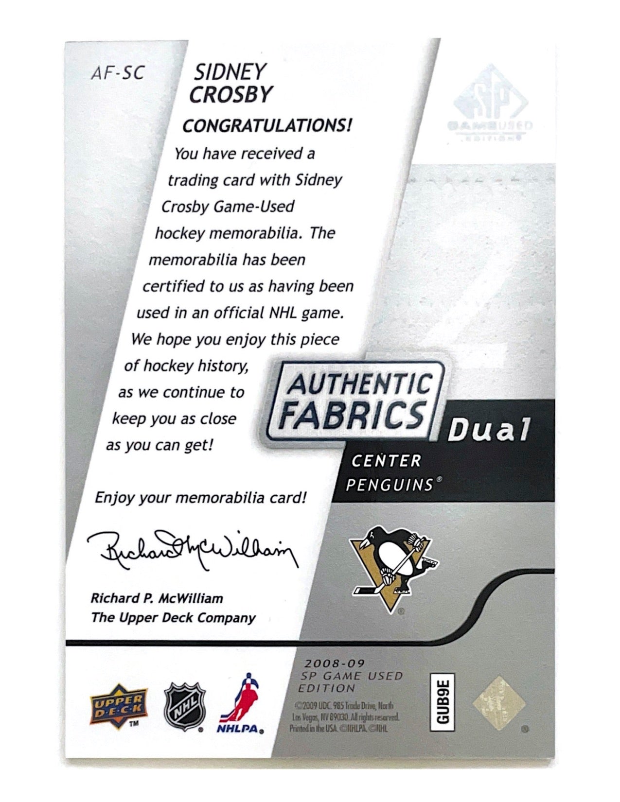 Sidney Crosby 2008-09 Upper Deck SP Game Used Authentic Fabrics Dual Jersey #AF-SC