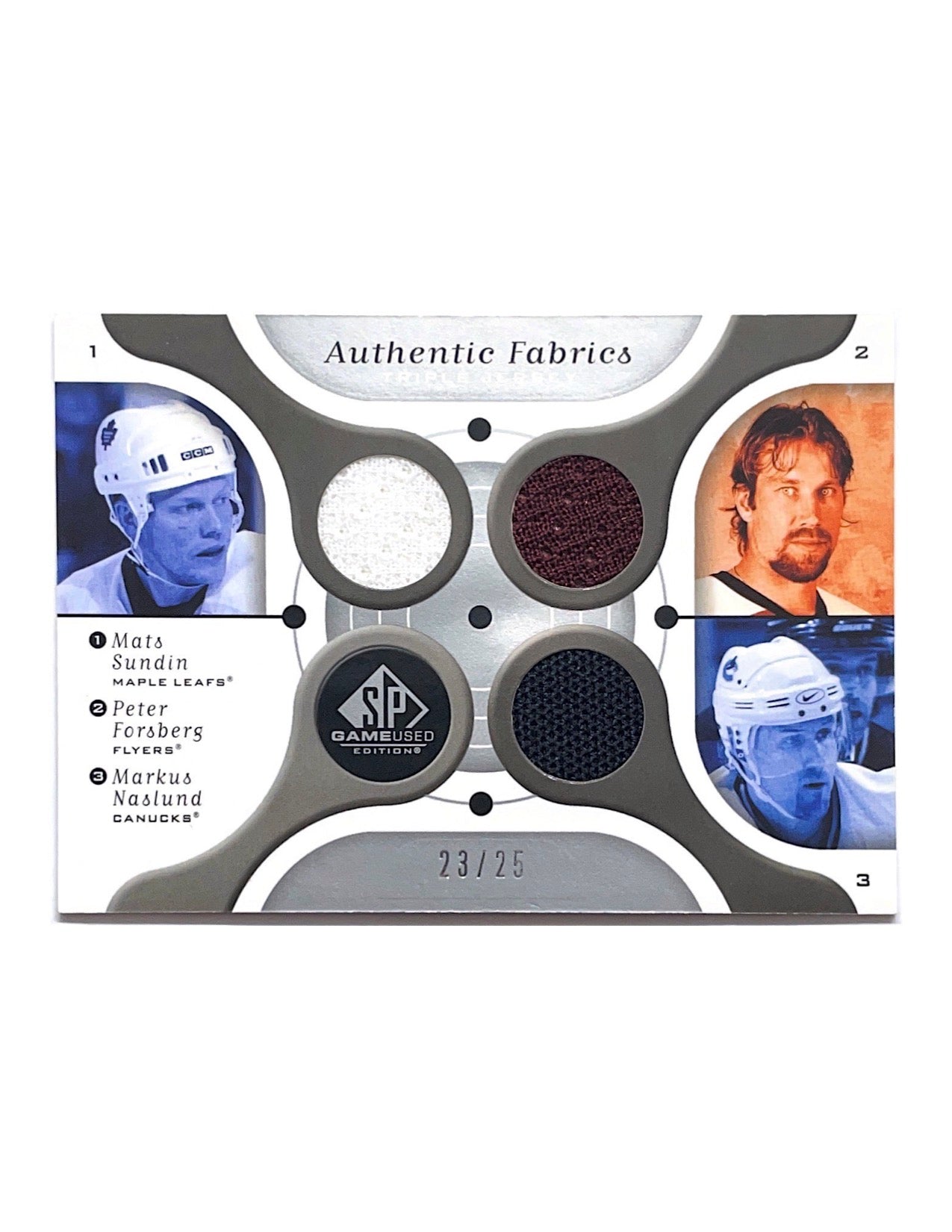 Mats Sundin/Peter Forsberg/Markus Naslund 2005-06 Upper Deck SP Game Used Authentic Fabrics Triple Jersey #AF3-SFN - 23/25