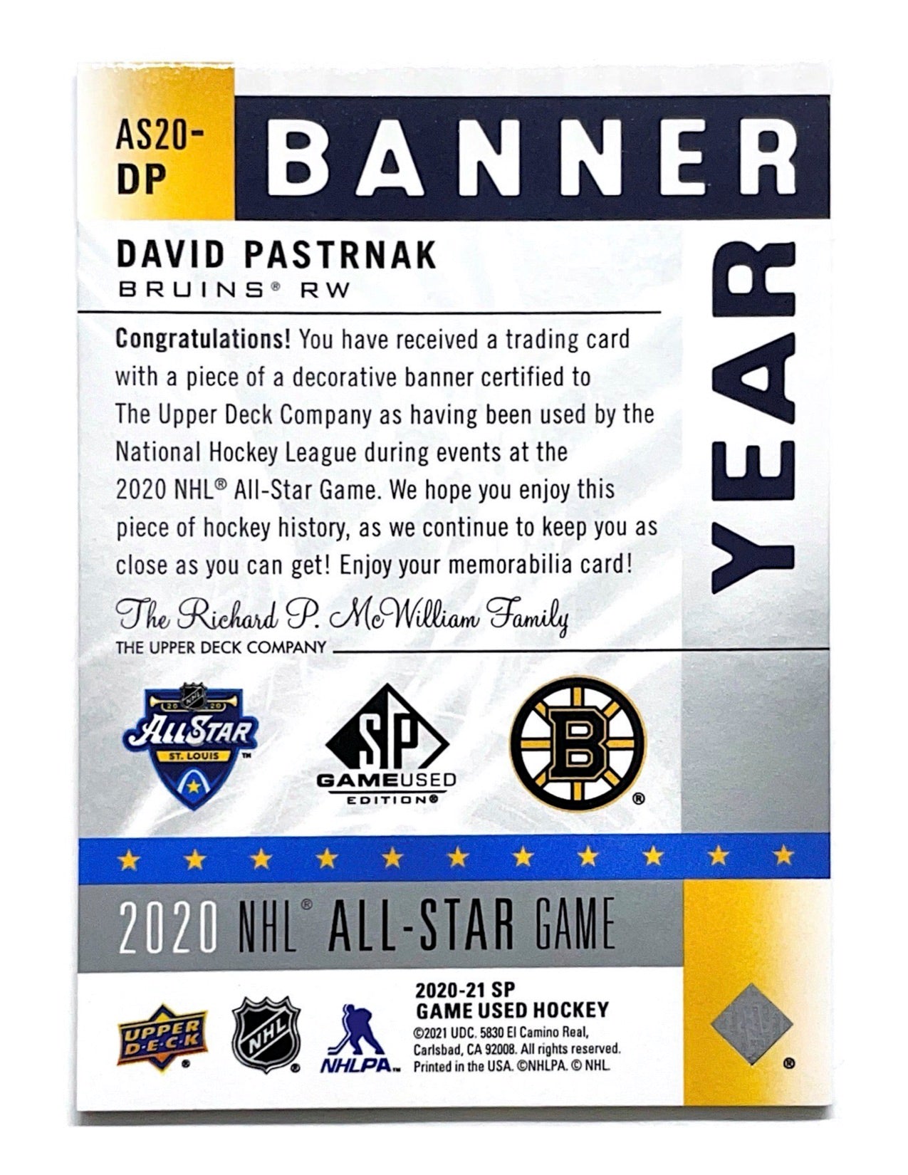 David Pastrnak 2020-21 Upper Deck SP Game Used Banner Year #AS20-DP