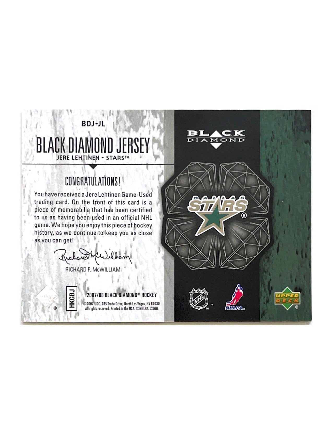 Jere Lehtinen 2007-08 Upper Deck Black Diamond Jersey #BDJ-JL