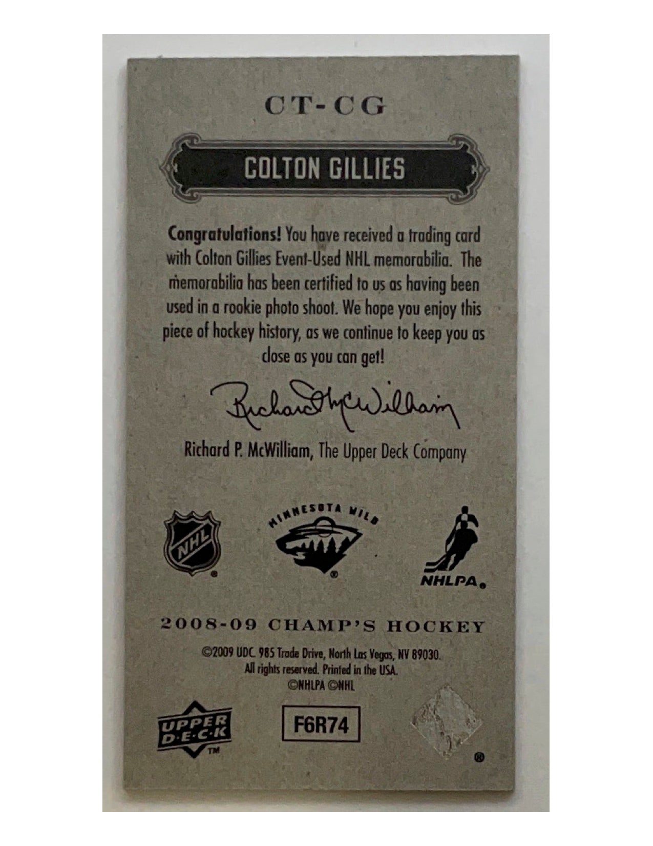Colton Gillies 2008-09 Upper Deck Champ's Mini Threads #CT-CG