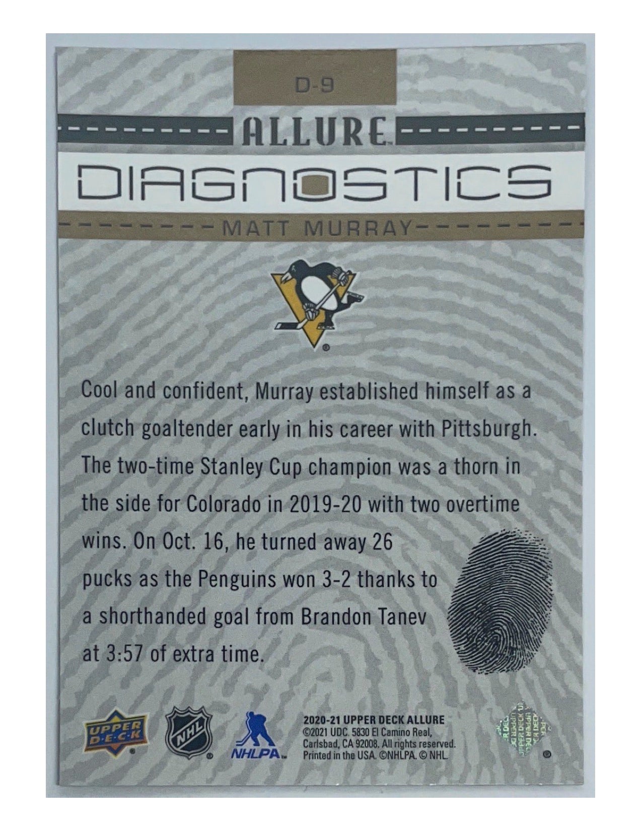 Matt Murray 2020-21 Upper Deck Allure Diagnostics #D-9