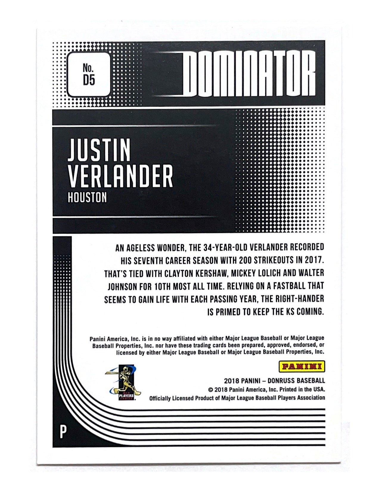 Justin Verlander 2018 Panini Donruss Dominator #D5