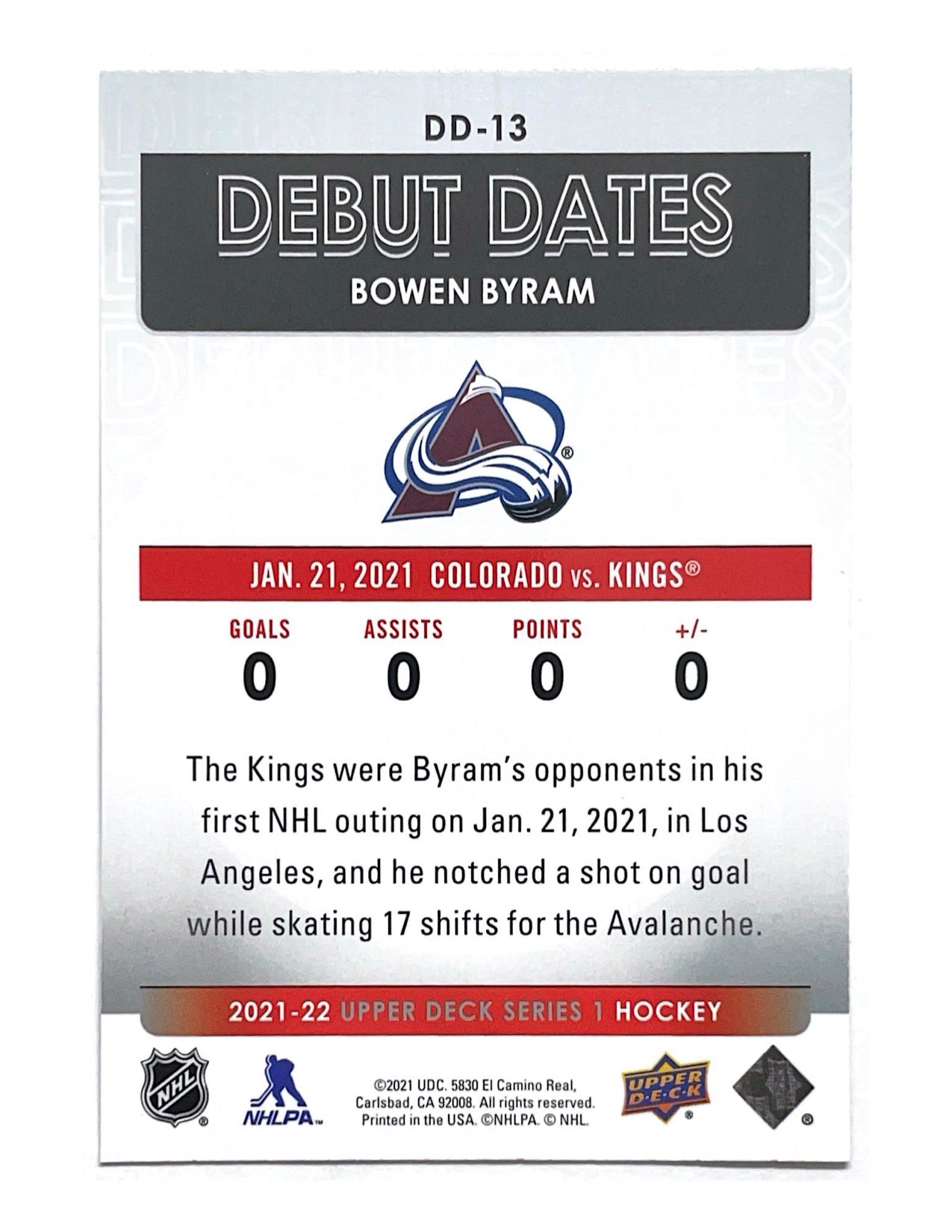 Bowen Byram 2021-22 Upper Deck Series 1 Debut Dates #DD-13