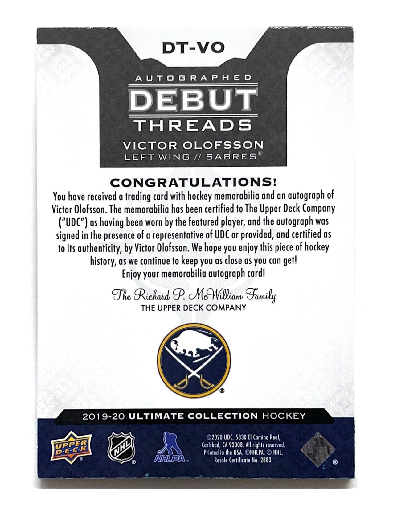 Victor Olofsson 2020-21 Upper Deck Ultimate Collection Autographed Debut Threads Update #DT-VO - 36/49