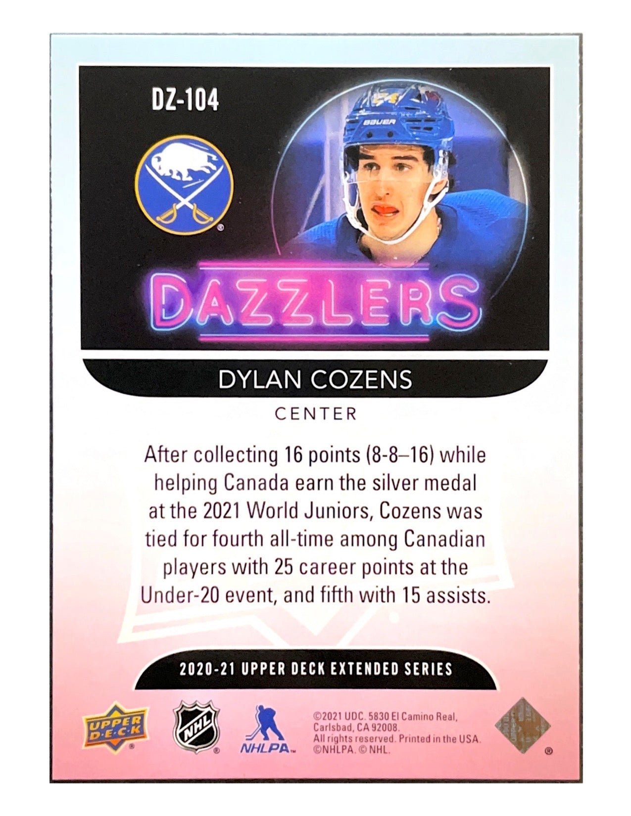 Dylan Cozens 2020-21 Upper Deck Extended Series Dazzlers #DZ-104 Blue