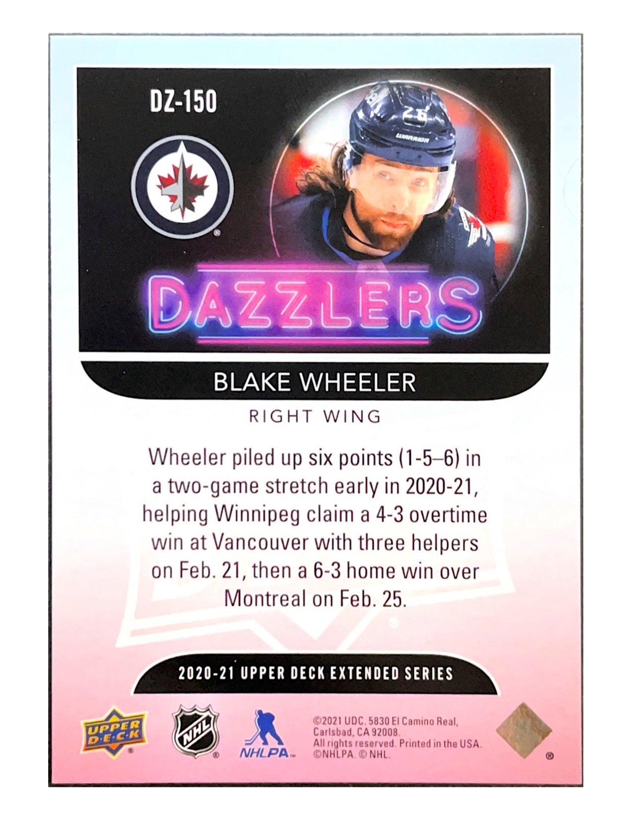 Blake Wheeler 2020-21 Upper Deck Extended Series Dazzlers #DZ-150 Blue