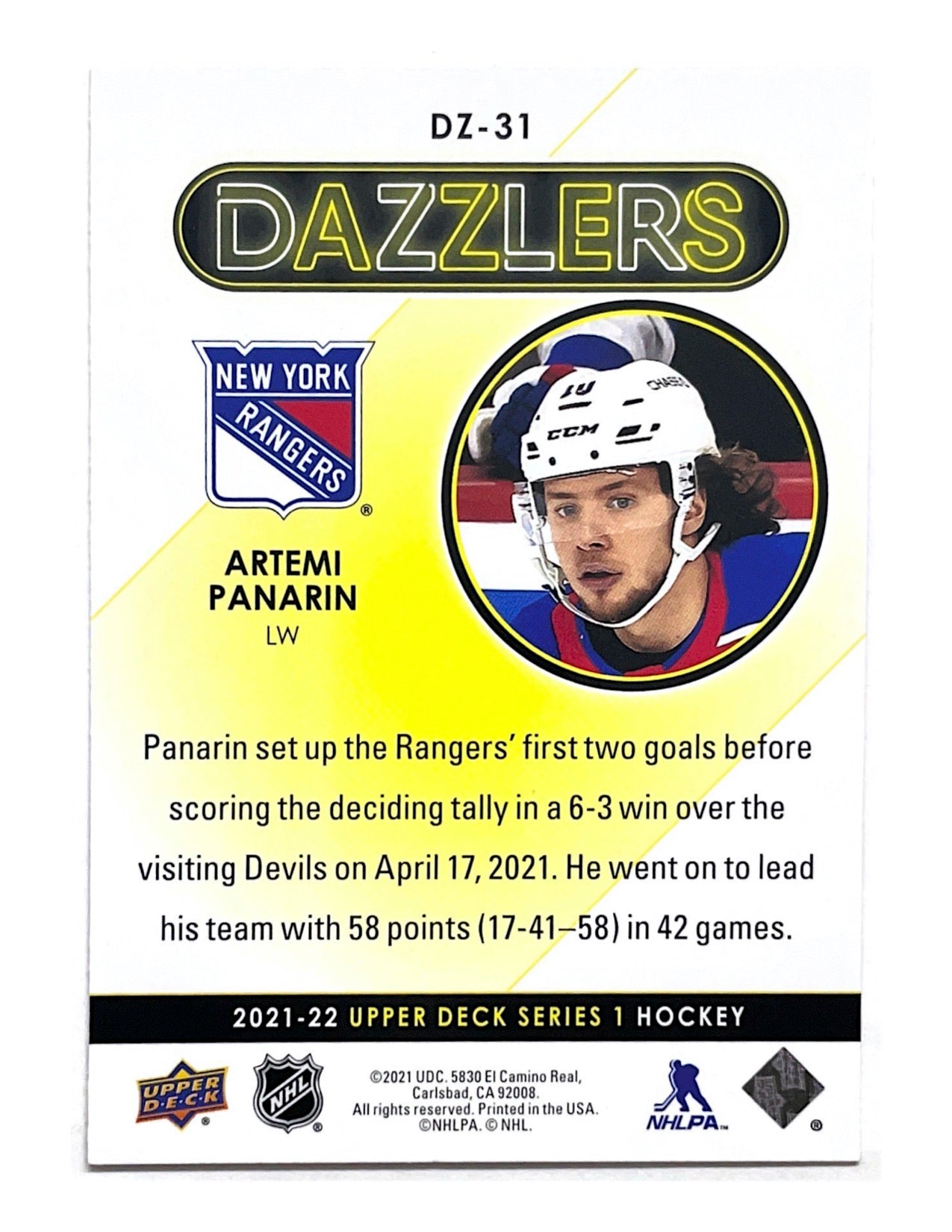 Artemi Panarin 2021-22 Upper Deck Series 1 Dazzlers Pink #DZ-31