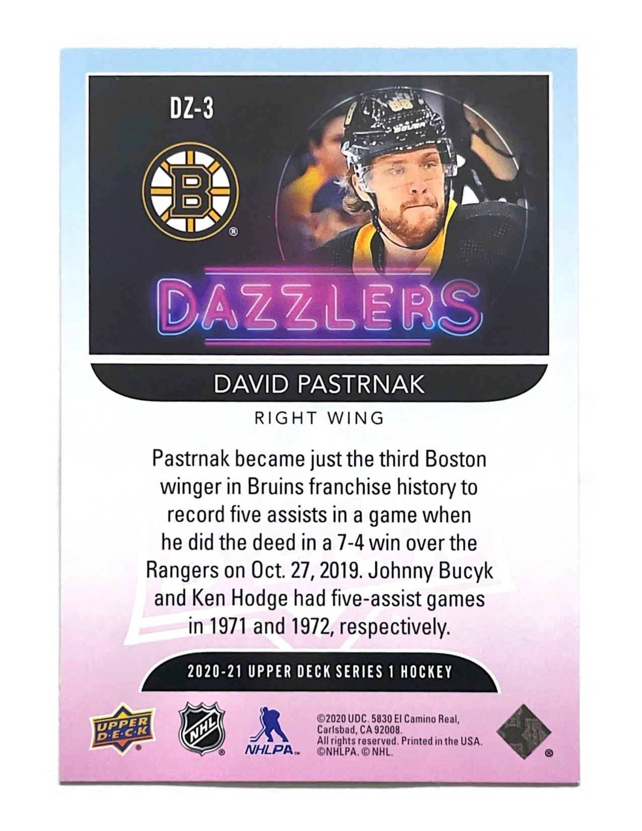 David Pastrnak 2020-21 Upper Deck Series 1 Dazzlers Blue #DZ-3