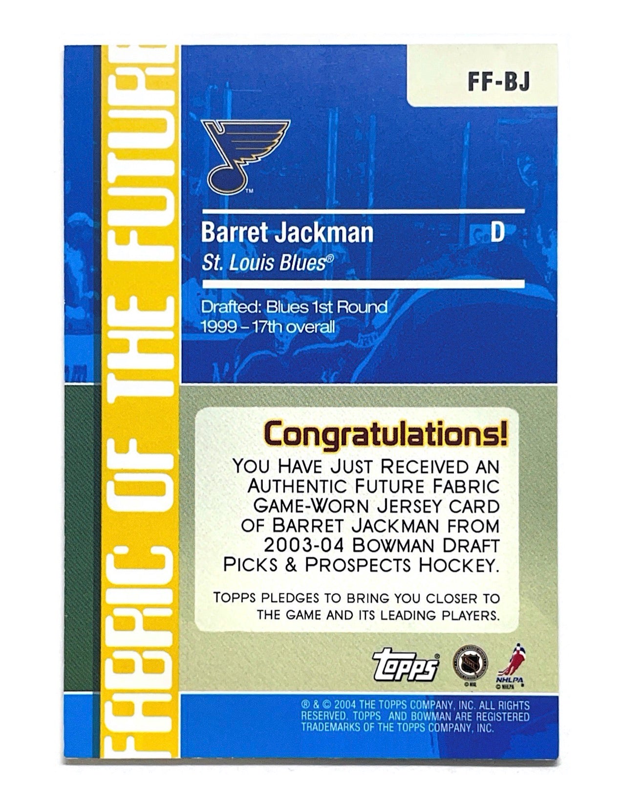 Barret Jackman 2003-04 Topps Bowman Fabric Of The Future Jersey #FF-BJ