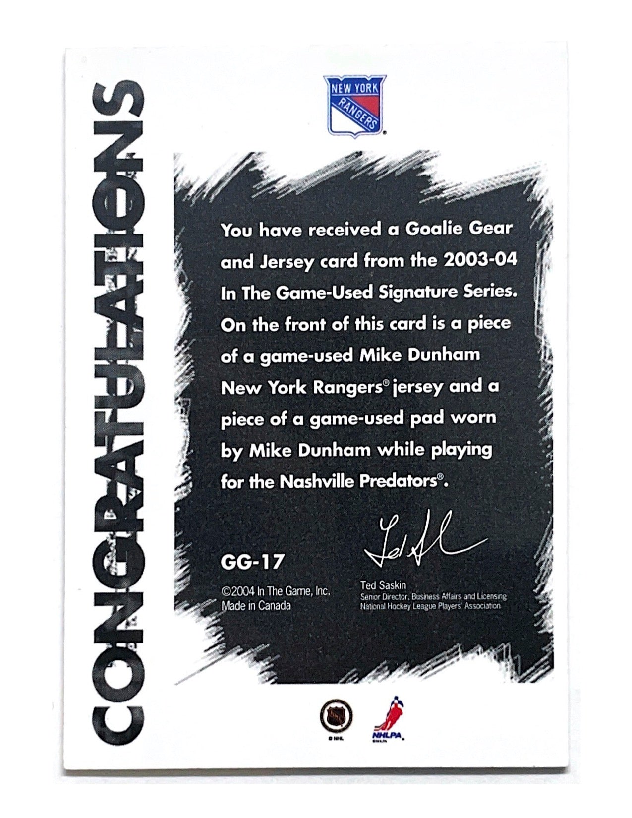 Mike Dunham 2003-04 In The Game Goalie Gear & Jersey #GG-17